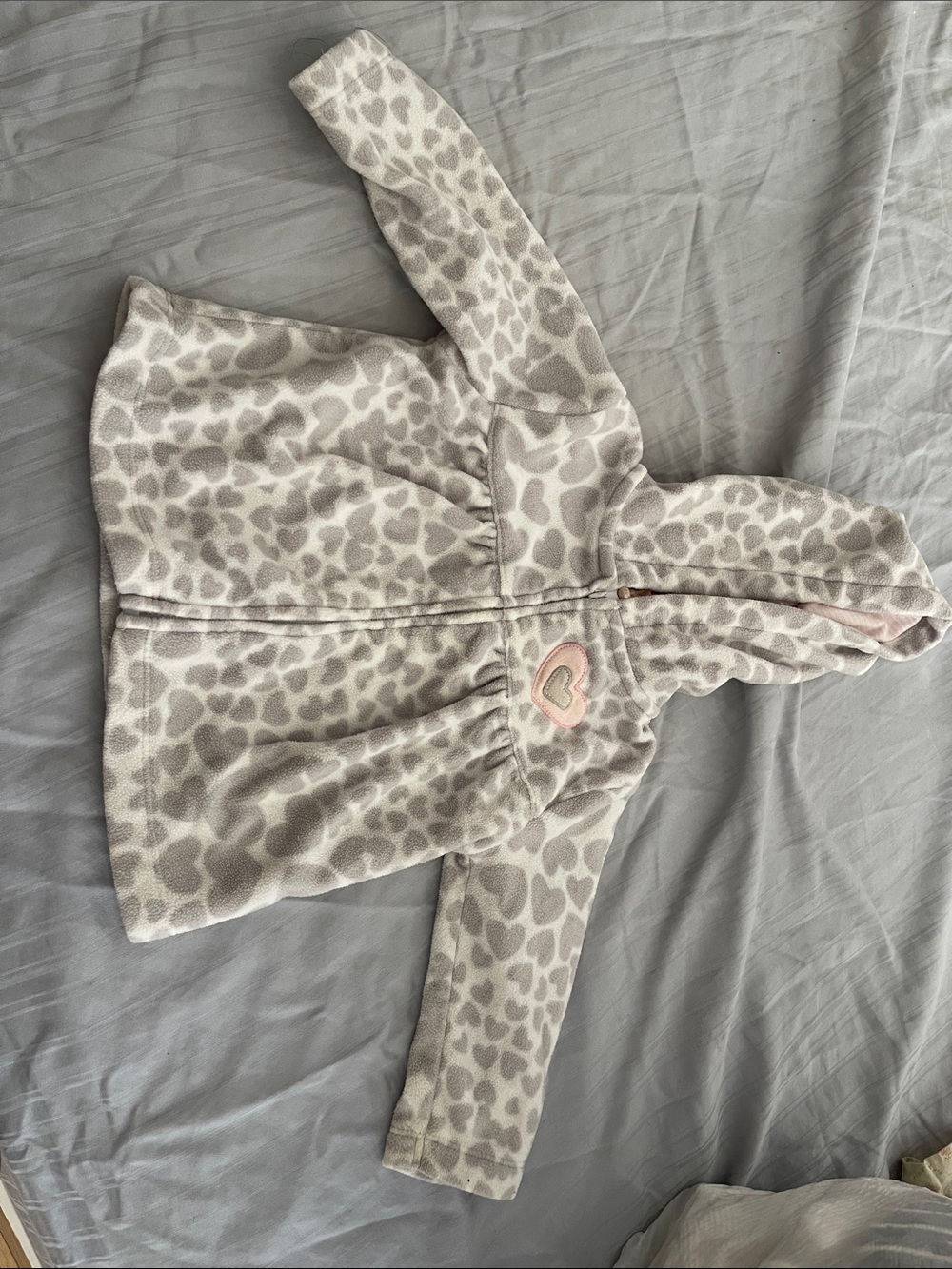 Girls Heart Print Hooded Fleece Jacket - Gray & Light Pink